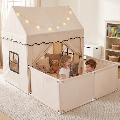 Kids Play Tent with Detachable Playpen and Star Lights-Beige