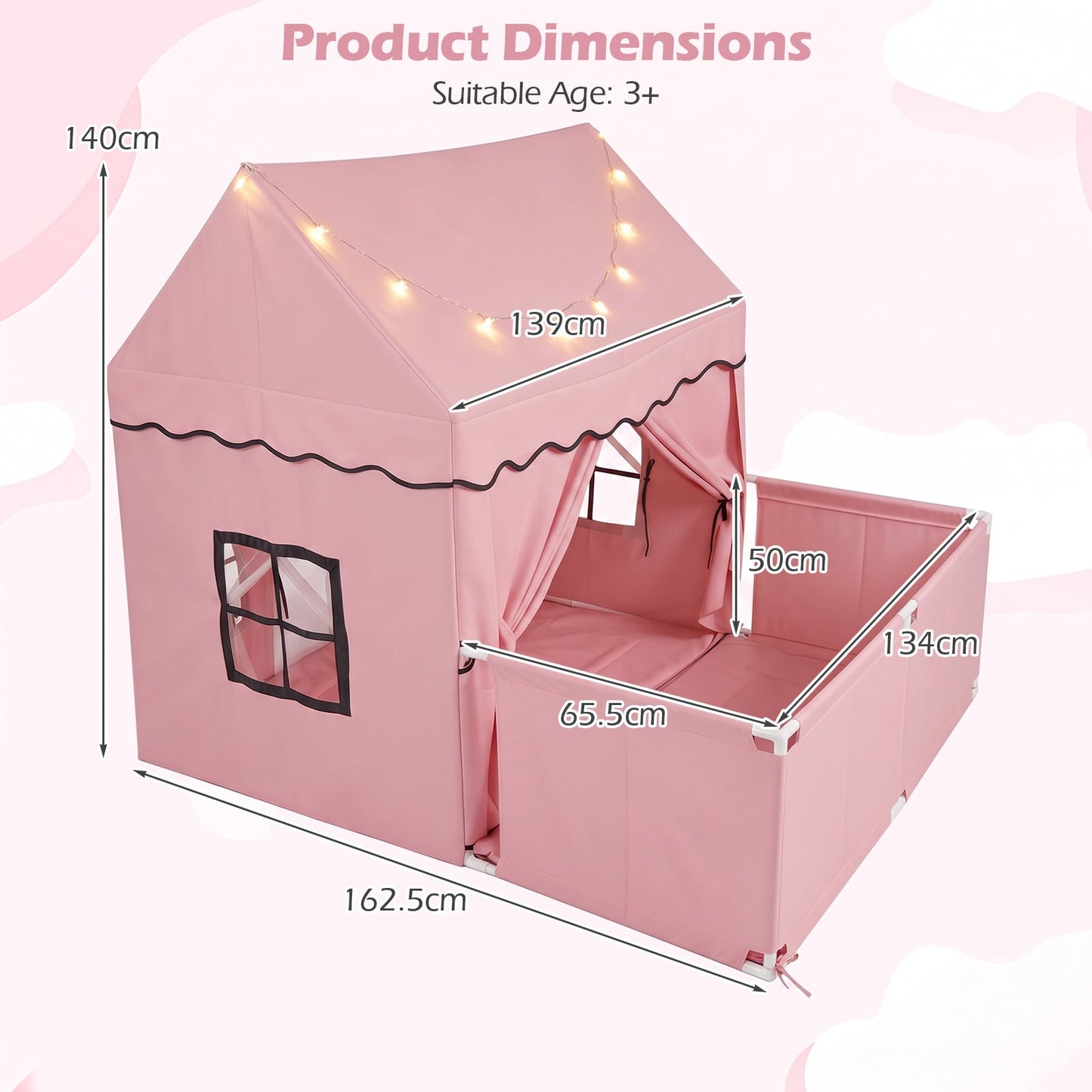 Kids Play Tent with Detachable Playpen and Star Lights-Pink