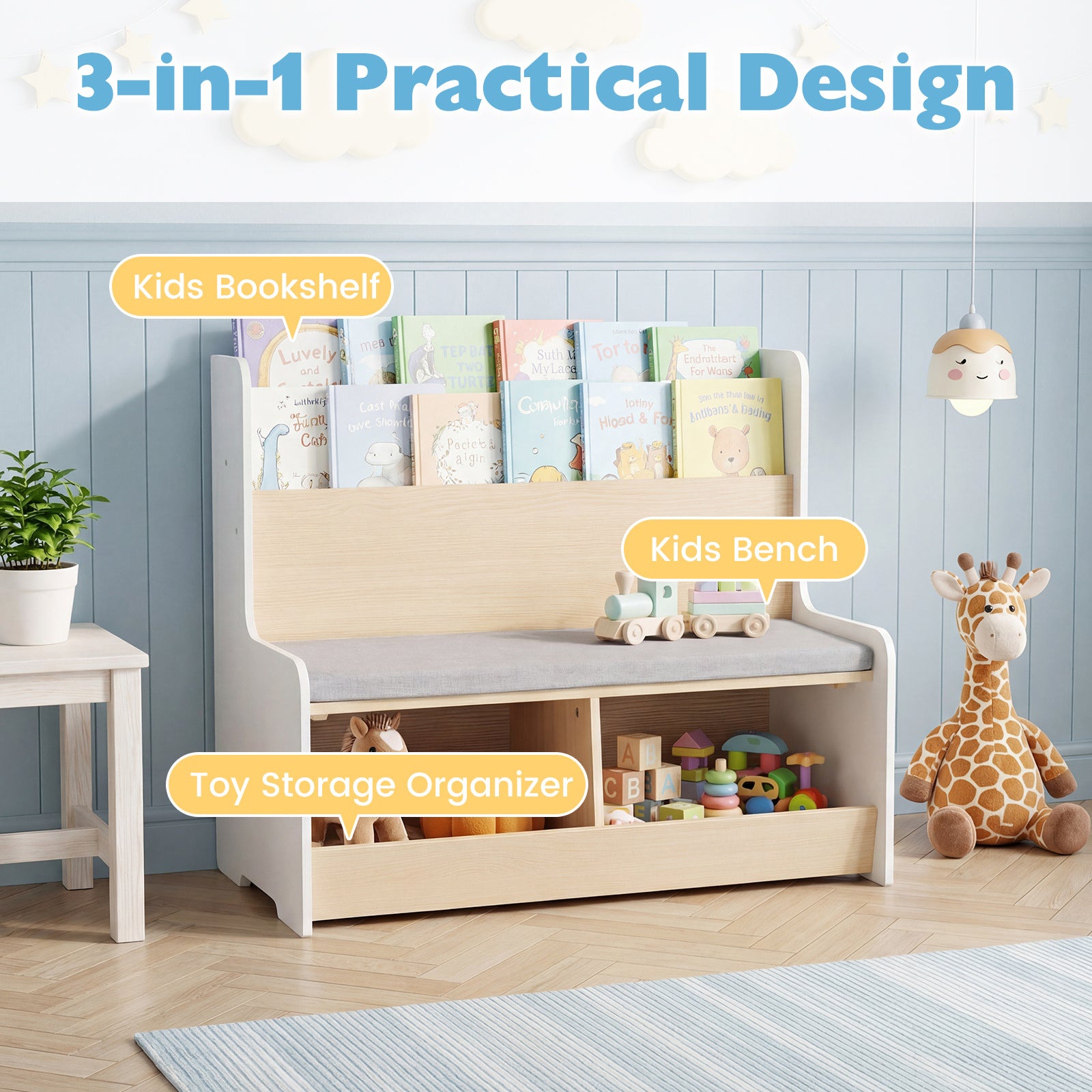 Kids Reading Nook with Bench Toddler Toy Storage Organizer with Bookshelf and 2 Cubbies-White
