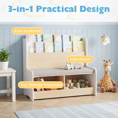Kids Reading Nook with Bench Toddler Toy Storage Organizer with Bookshelf and 2 Cubbies-White