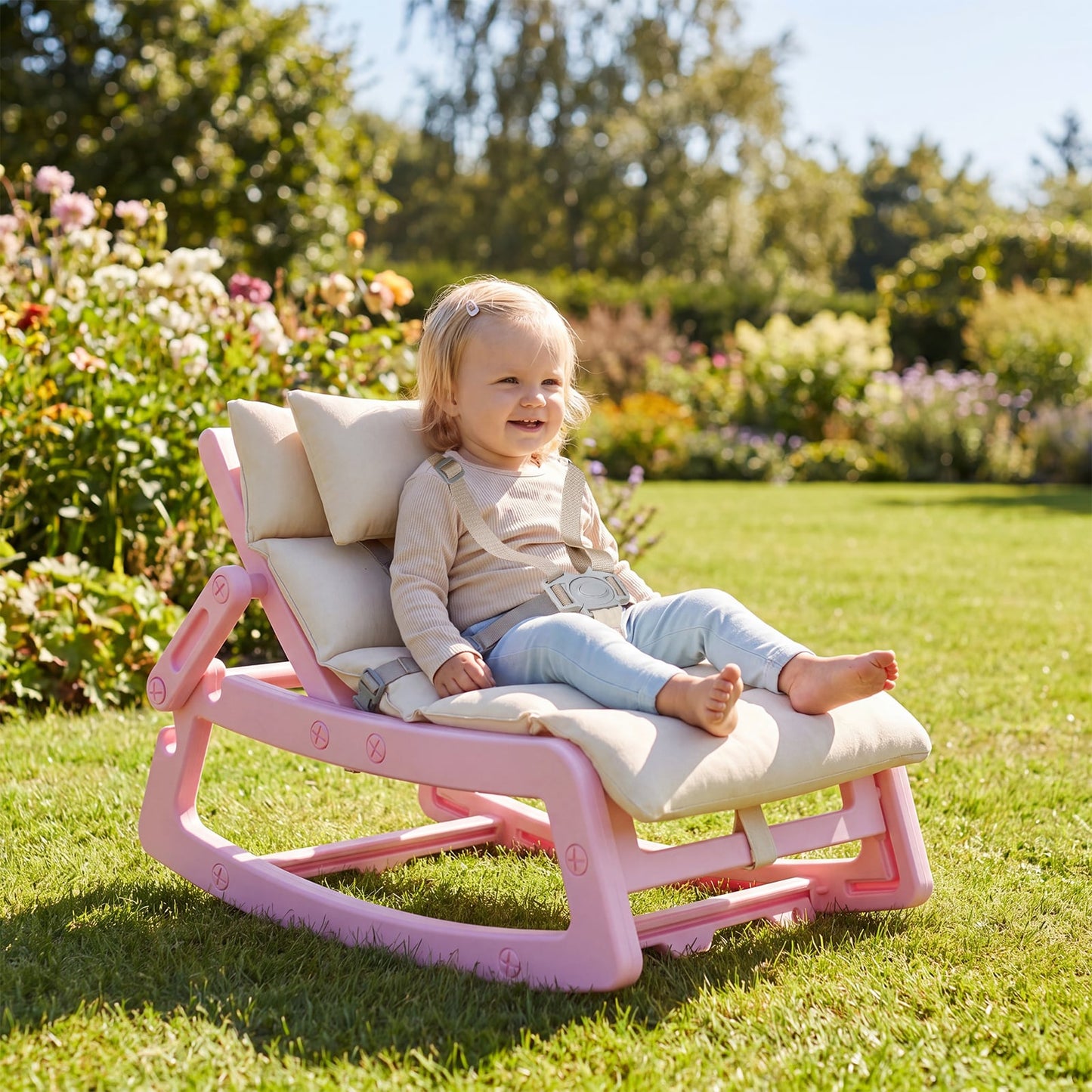 Kids Rocking Chair with Adjustable Backrest and Safety Harness for 6+ Months-Pink