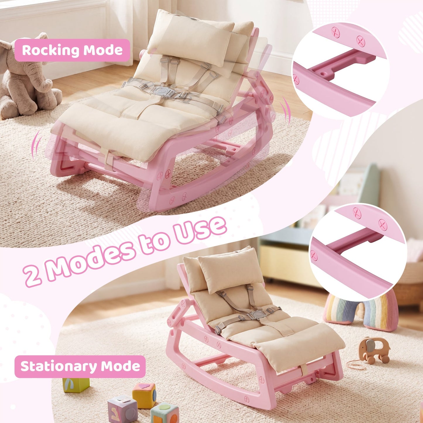 Kids Rocking Chair with Adjustable Backrest and Safety Harness for 6+ Months-Pink