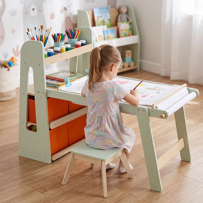 Kids Sensory Art Table and 2 Chairs Set with Paper Roll-Green