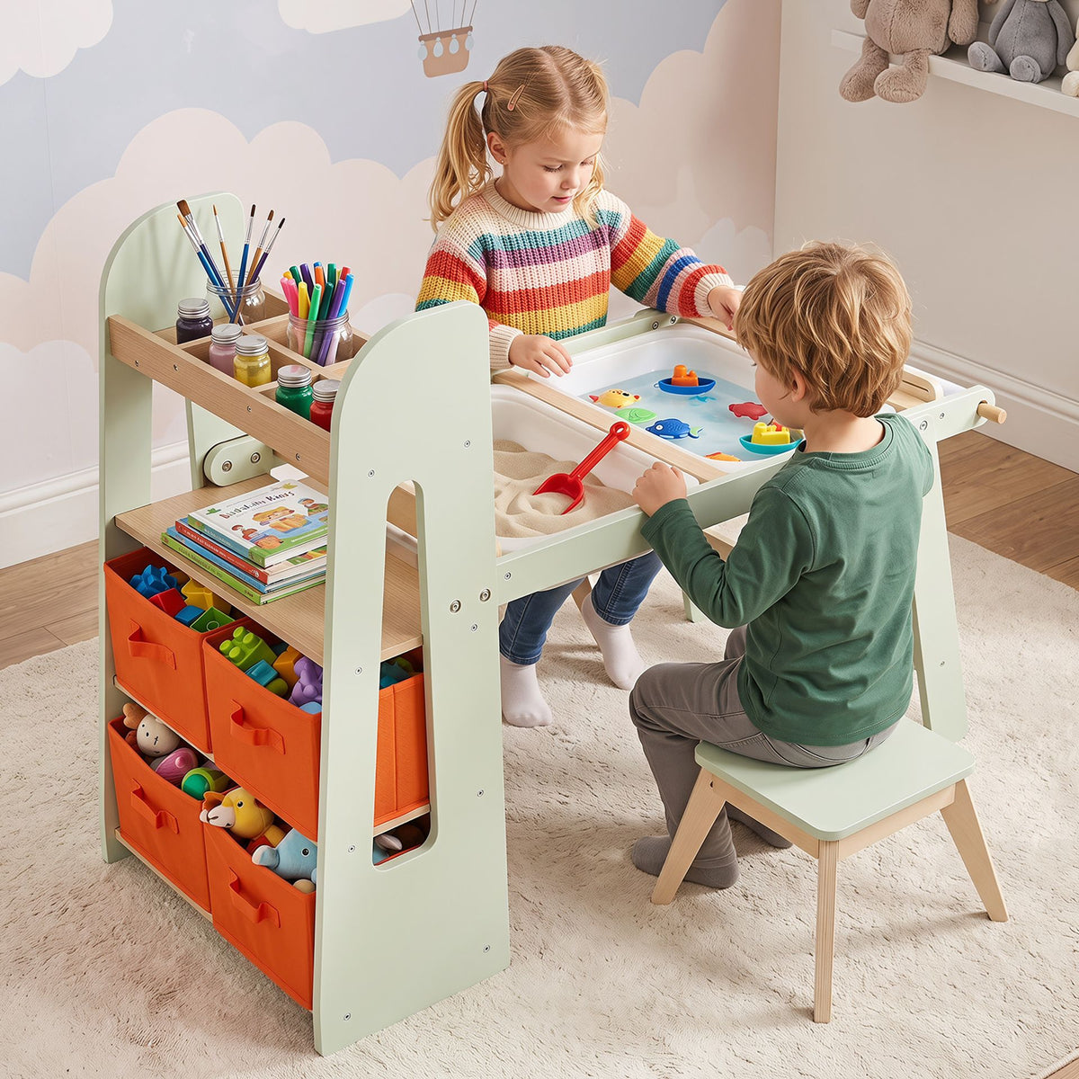 Kids Sensory Art Table and 2 Chairs Set with Paper Roll-Green