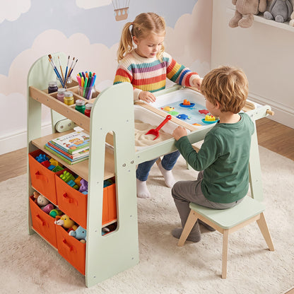 Kids Sensory Art Table and 2 Chairs Set with Paper Roll-Green
