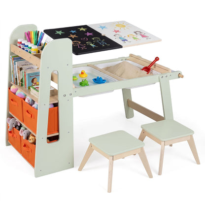 Kids Sensory Art Table and 2 Chairs Set with Paper Roll-Green