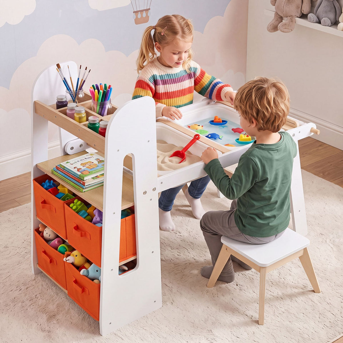 Kids Sensory Art Table and 2 Chairs Set with Paper Roll-White