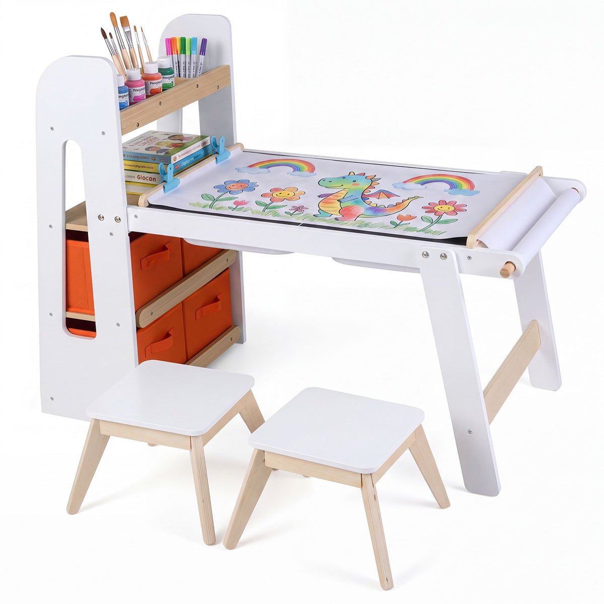 Kids Sensory Art Table and 2 Chairs Set with Paper Roll-White