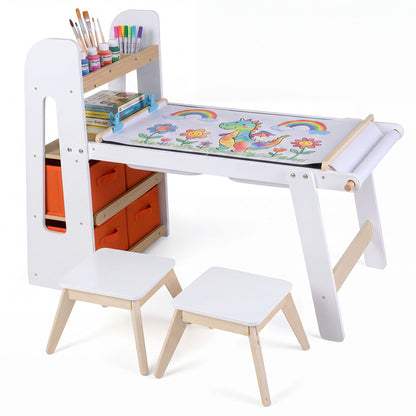 Kids Sensory Art Table and 2 Chairs Set with Paper Roll-White