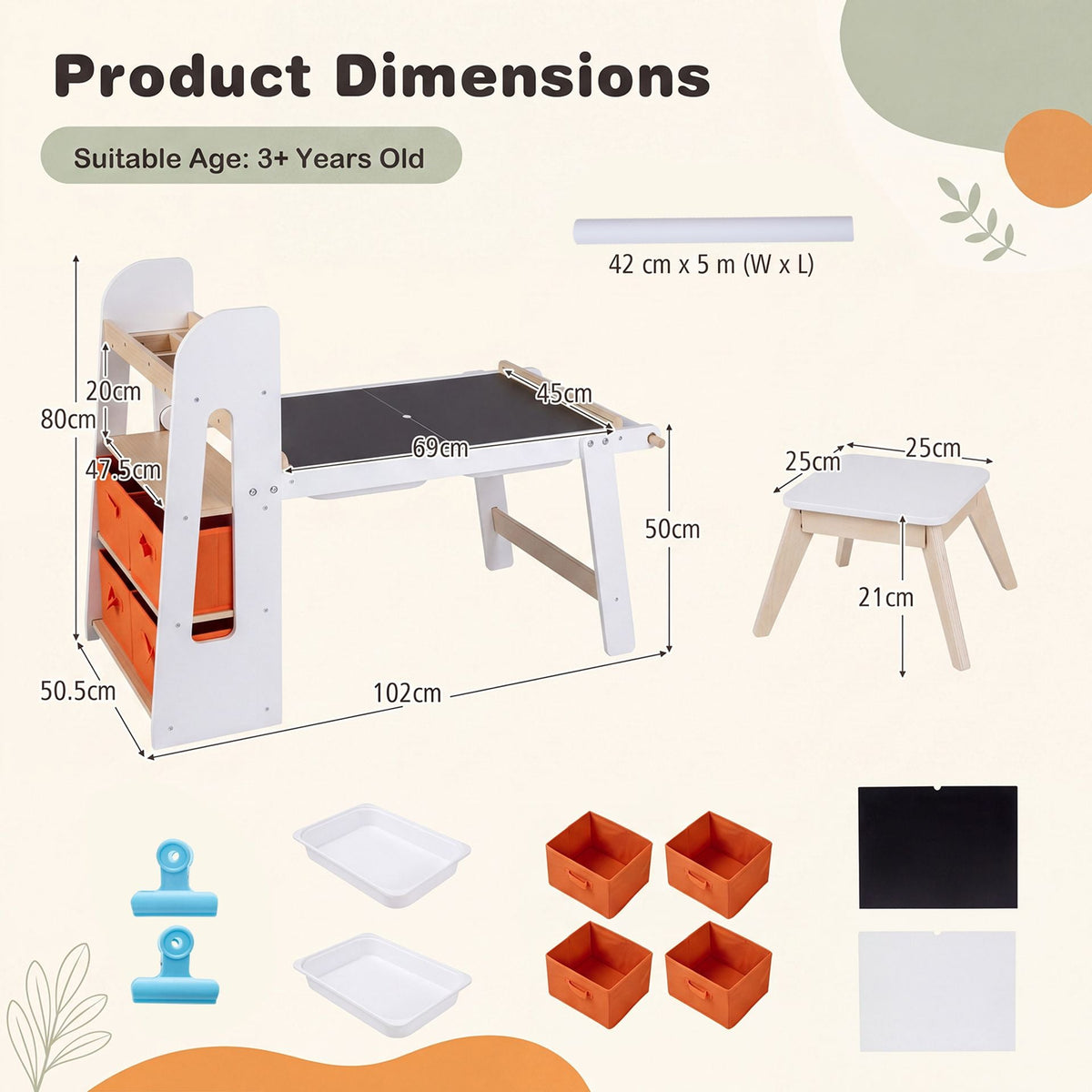 Kids Sensory Art Table and 2 Chairs Set with Paper Roll-White