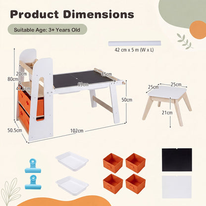 Kids Sensory Art Table and 2 Chairs Set with Paper Roll-White