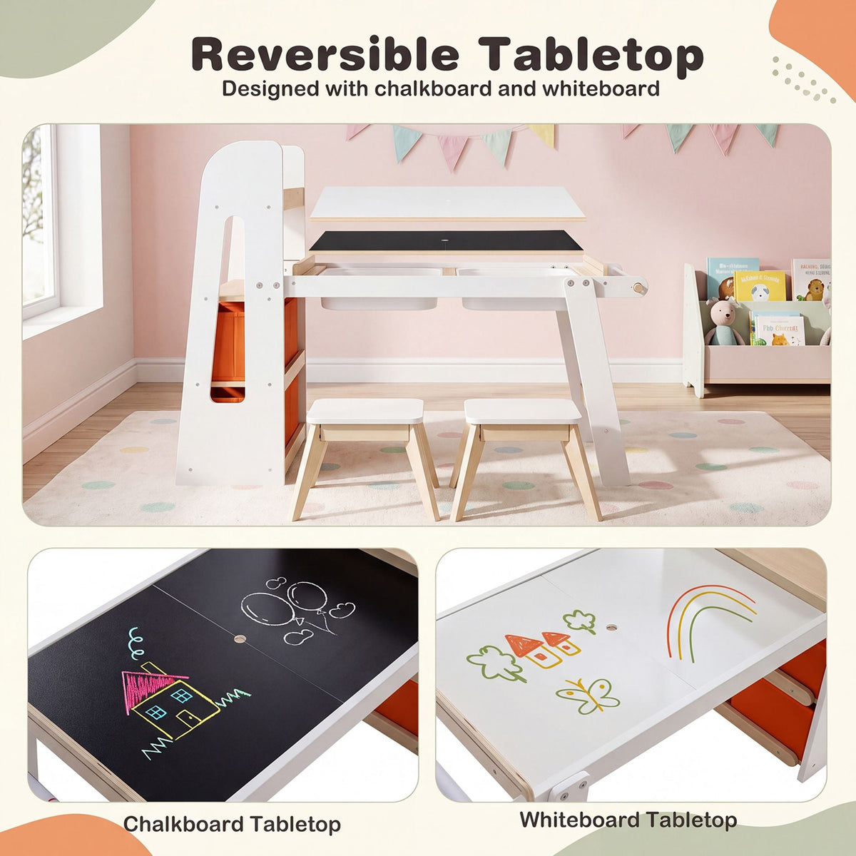 Kids Sensory Art Table and 2 Chairs Set with Paper Roll-White