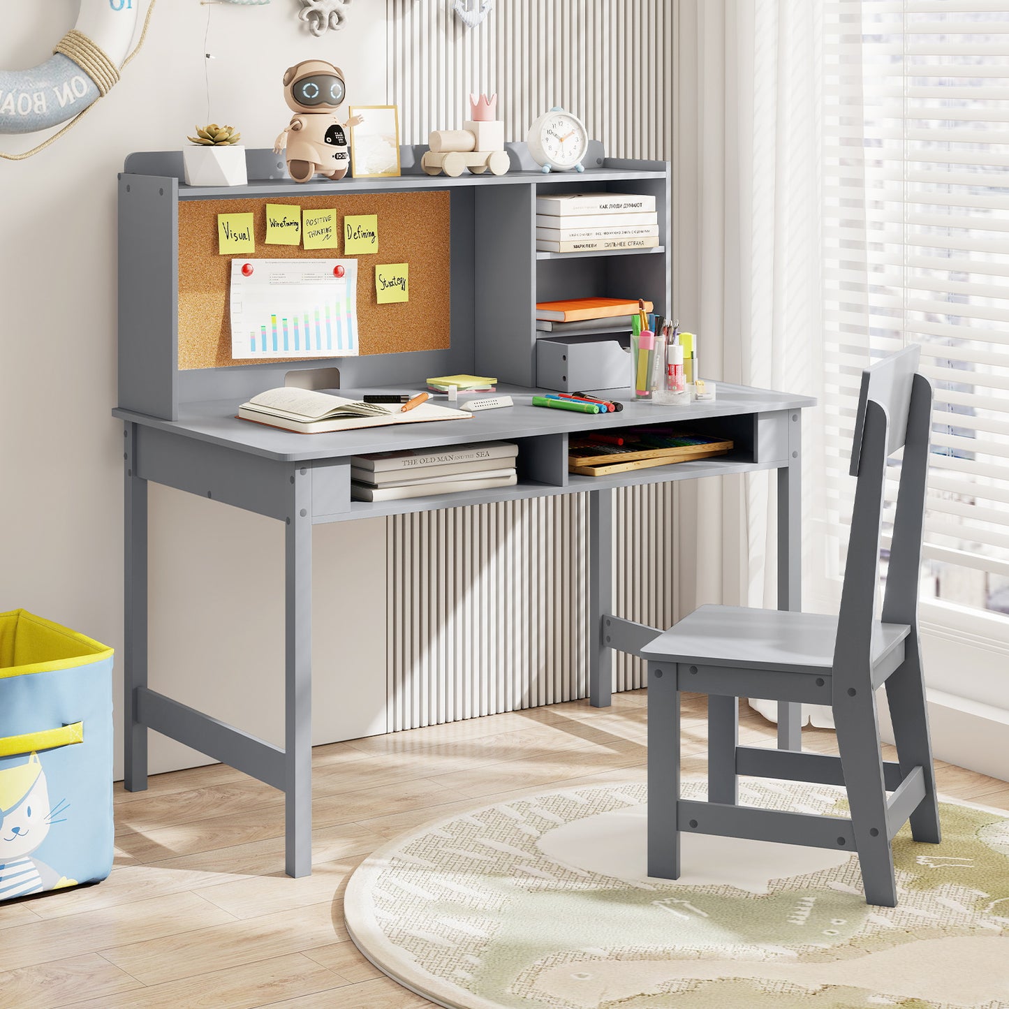 Kids Study Desk and Chair Set Wooden Students Writing Table-Grey