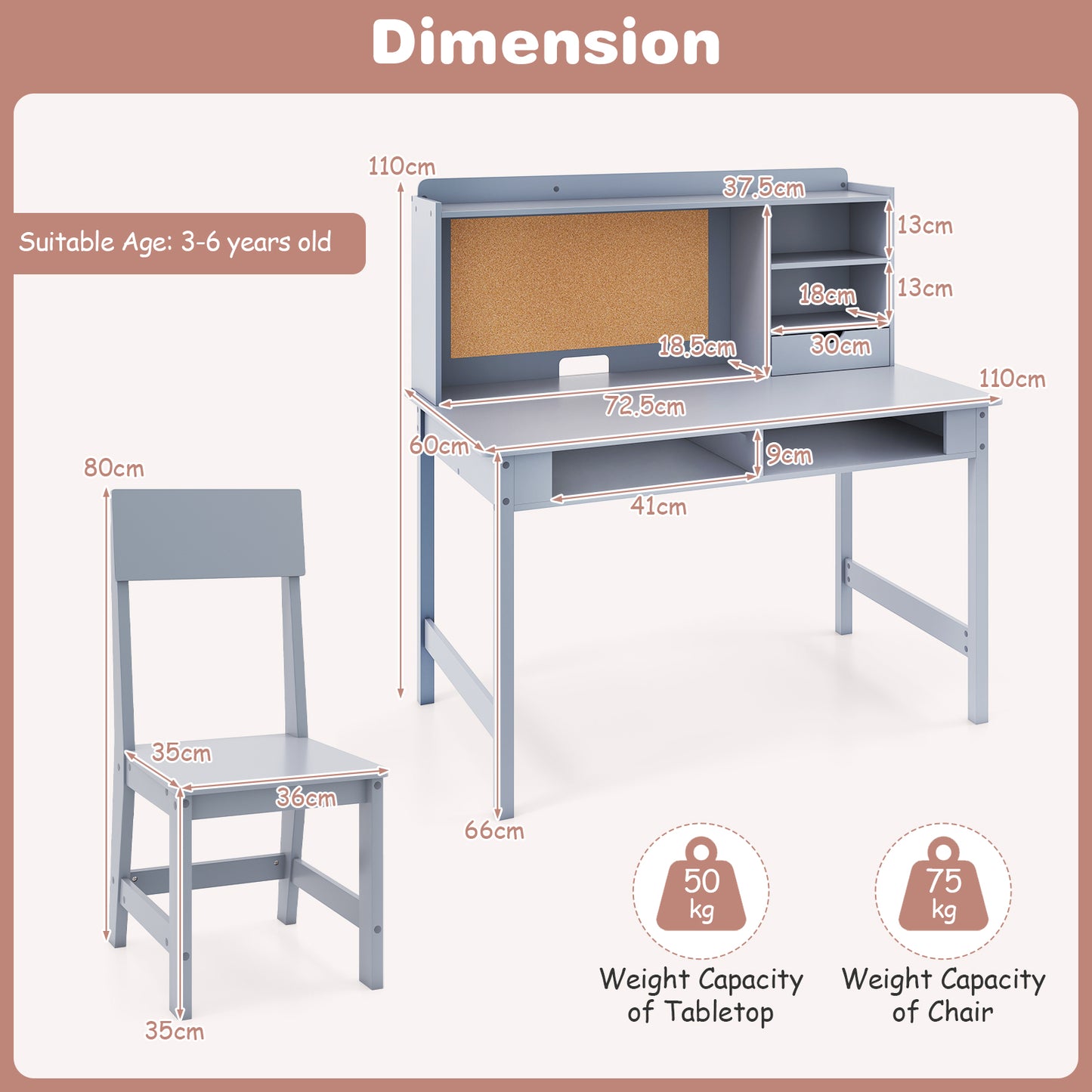 Kids Study Desk and Chair Set Wooden Students Writing Table-Grey