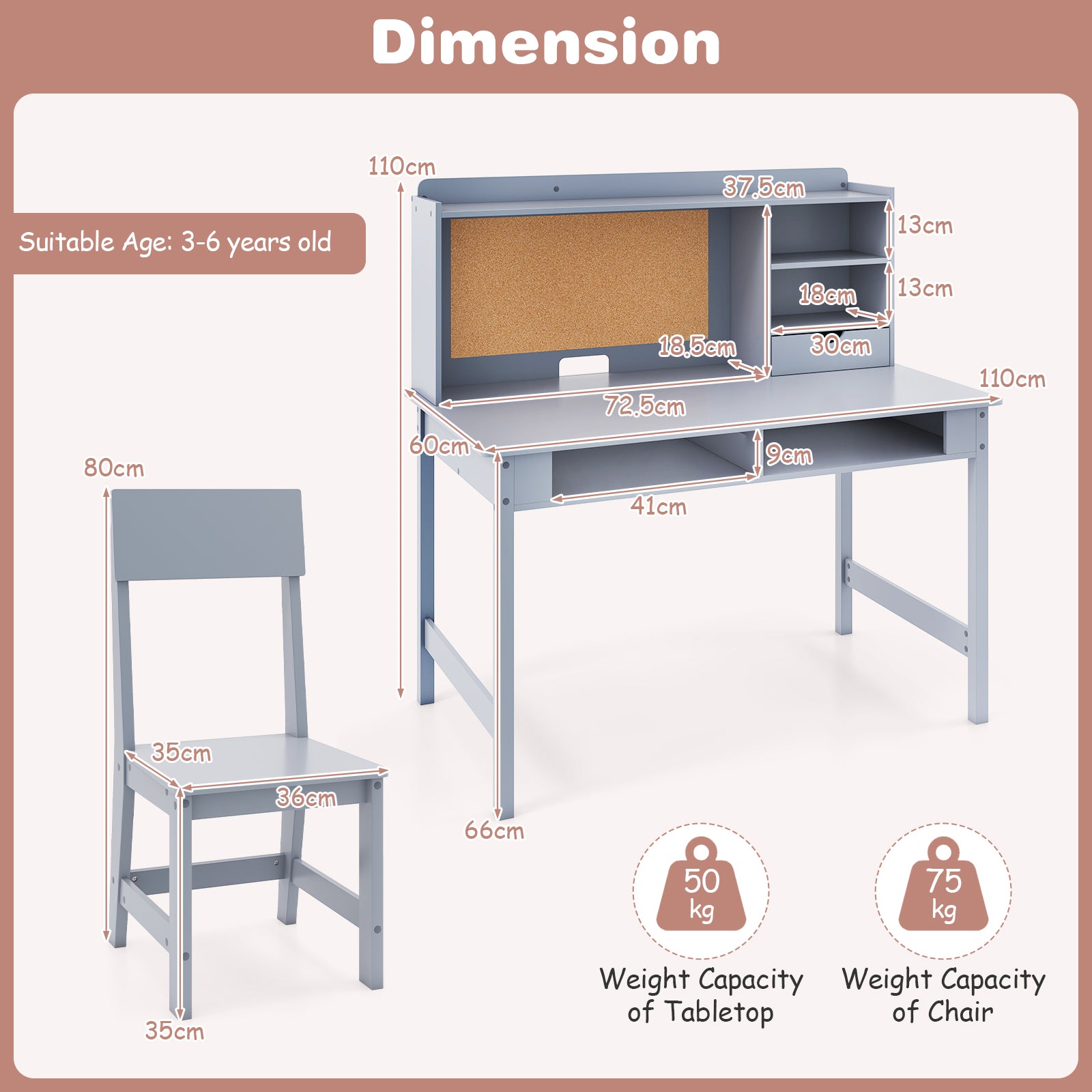 Kids Study Desk and Chair Set Wooden Students Writing Table-Grey