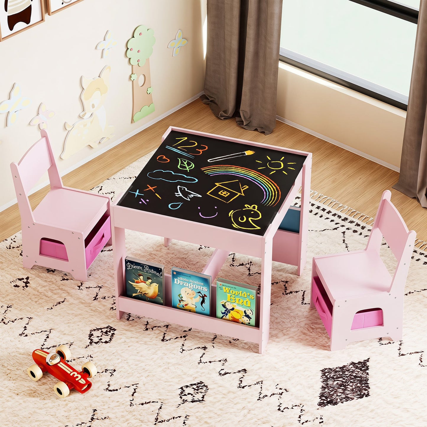 Kids Table and Chairs Set Toddler Wooden Activity Desk-Pink