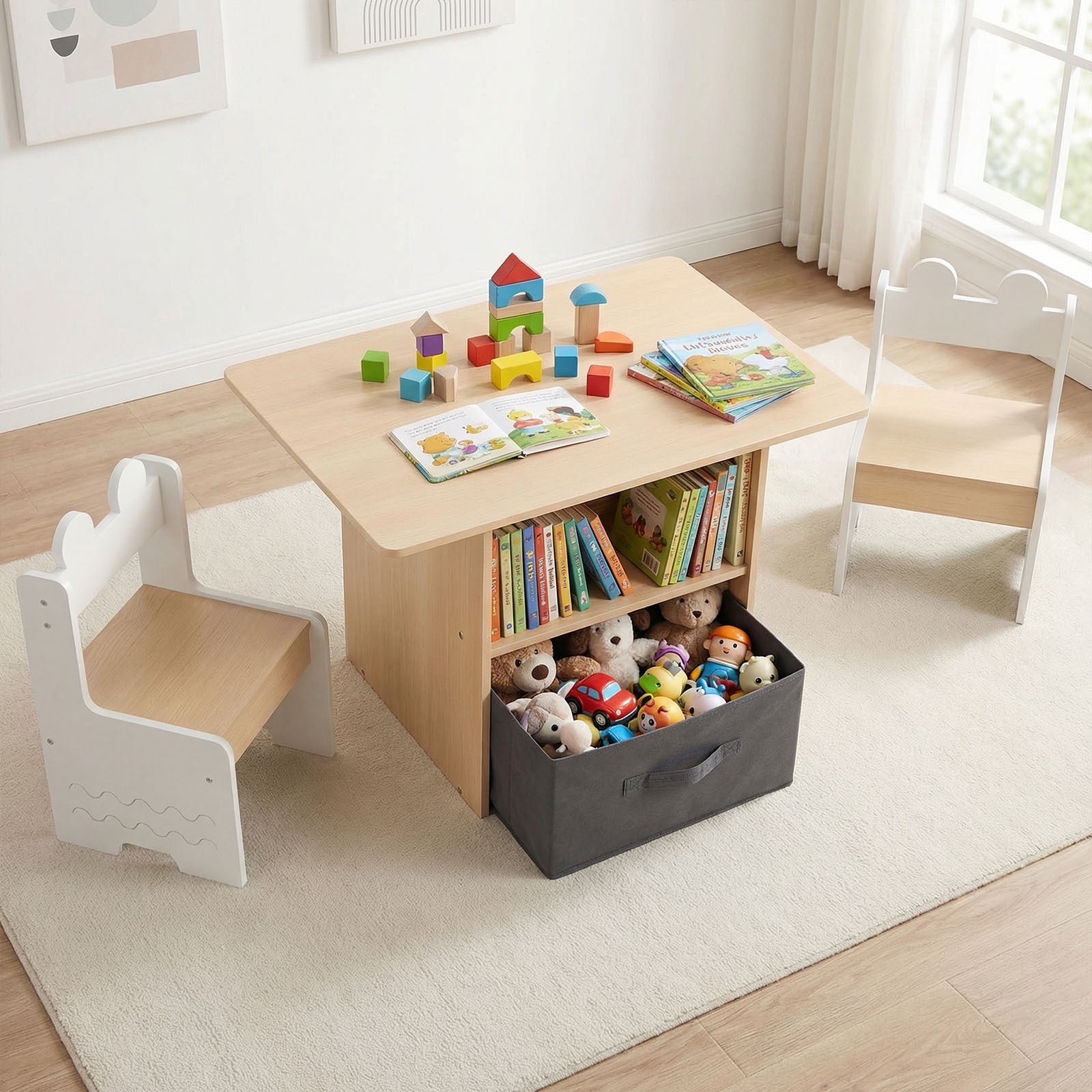 Kids Table and Chairs Set Wooden Toddler Activity Table Set with 2 Open Compartments-White