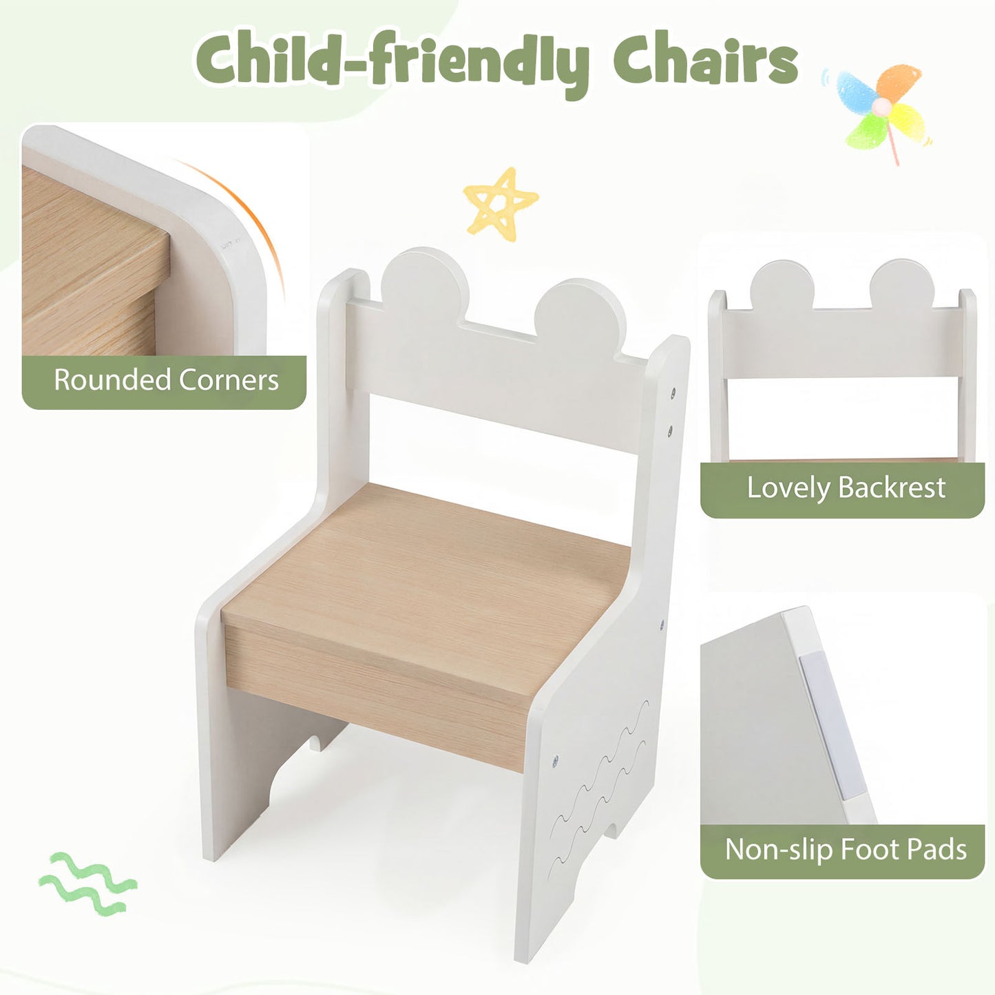 Kids Table and Chairs Set Wooden Toddler Activity Table Set with 2 Open Compartments-White