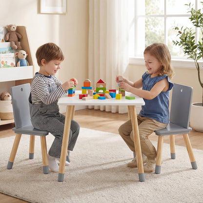 Kids Table and Chairs Set with Pine Wood Legs for Playing Learning Eating-Grey