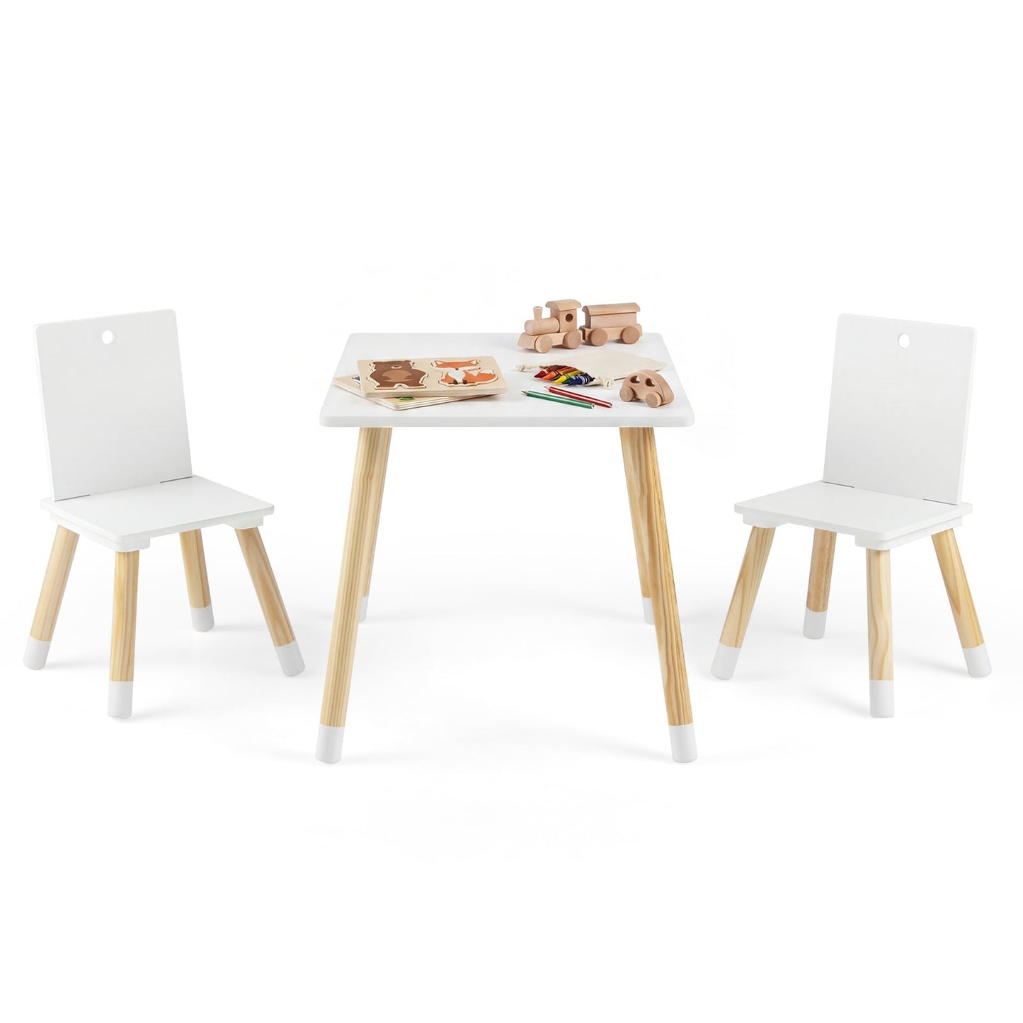 Kids Table and Chairs Set with Pine Wood Legs for Playing Learning Eating-White
