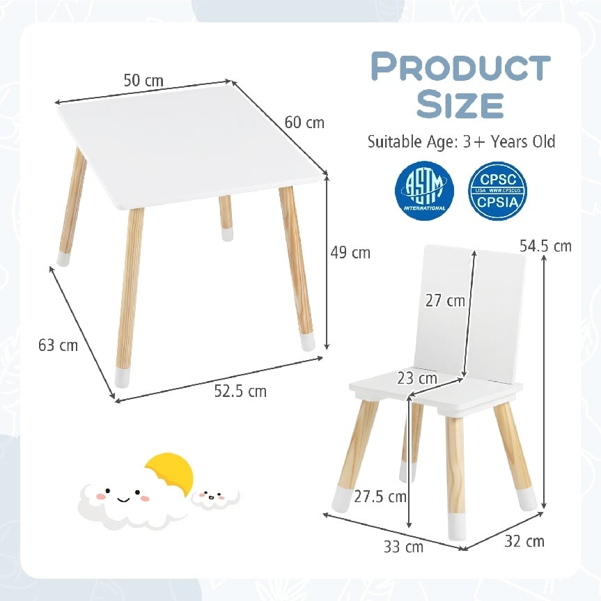 Kids Table and Chairs Set with Pine Wood Legs for Playing Learning Eating-White