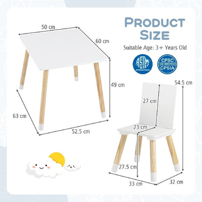 Kids Table and Chairs Set with Pine Wood Legs for Playing Learning Eating-White