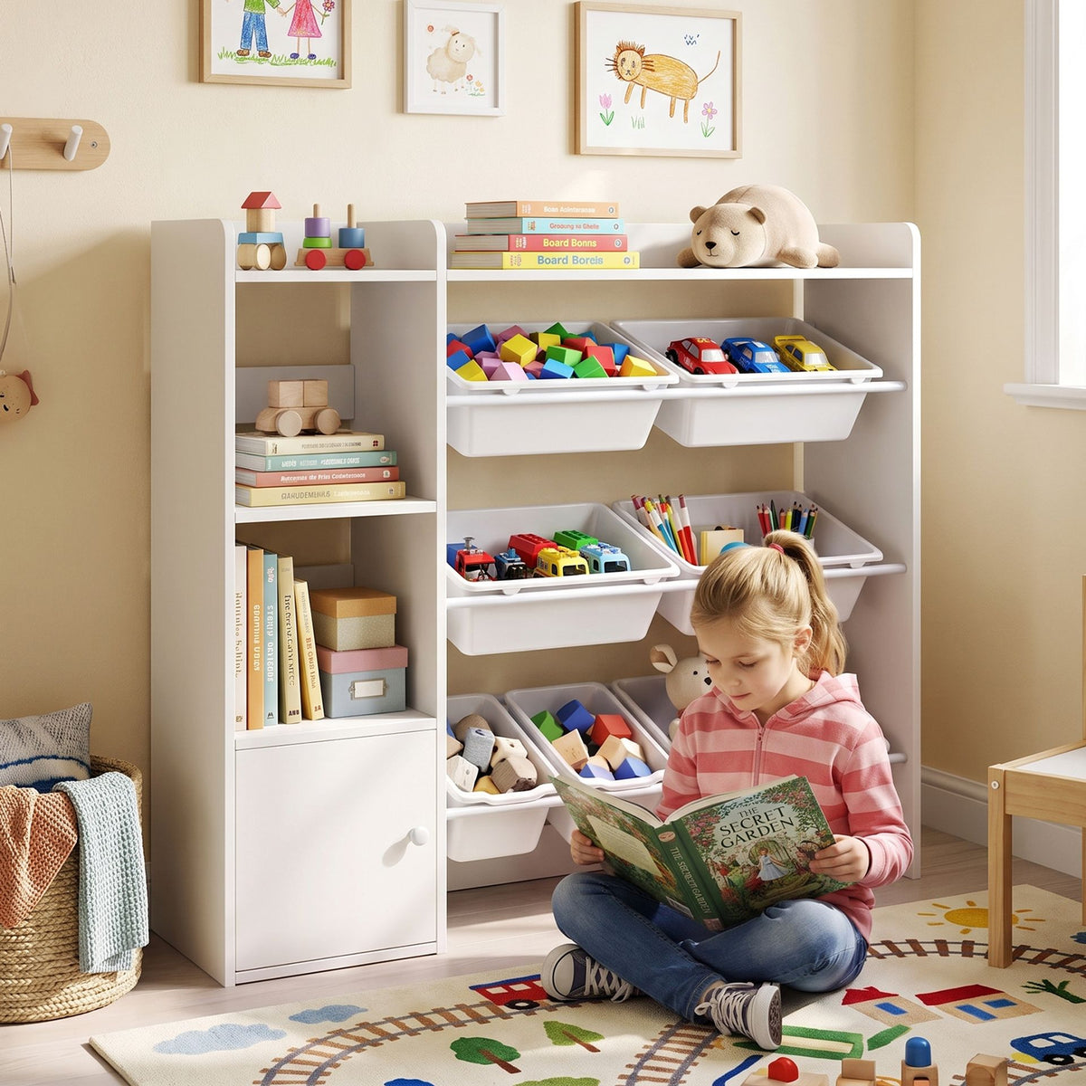 Kids Toy Storage Organizer with 8 Removable Bins and Cabinet for Toddler-White