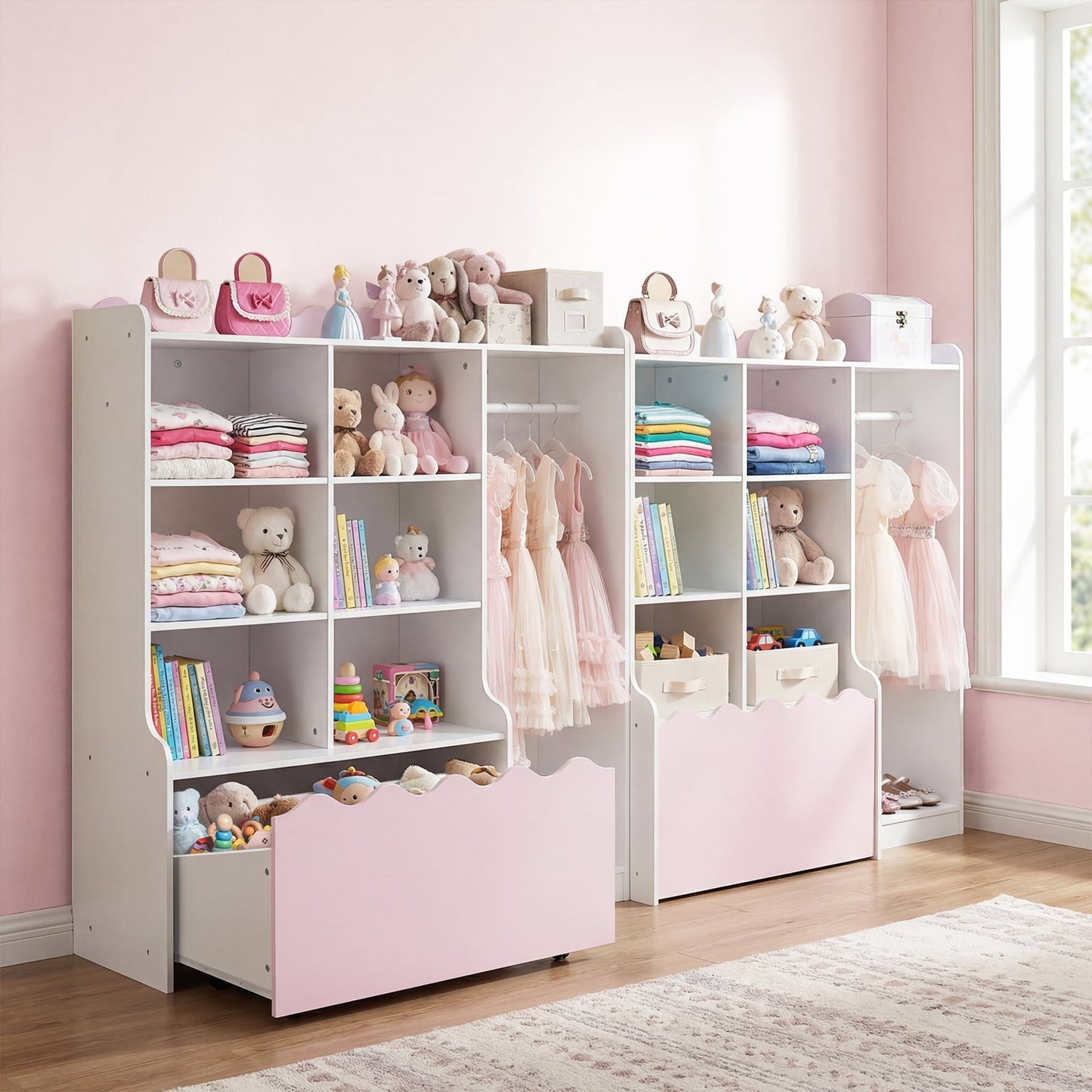 Kids Toy Storage Organizer with Clothing Rack 6 Cubes and Movable Drawer-Pink