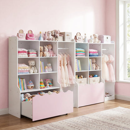 Kids Toy Storage Organizer with Clothing Rack 6 Cubes and Movable Drawer-Pink