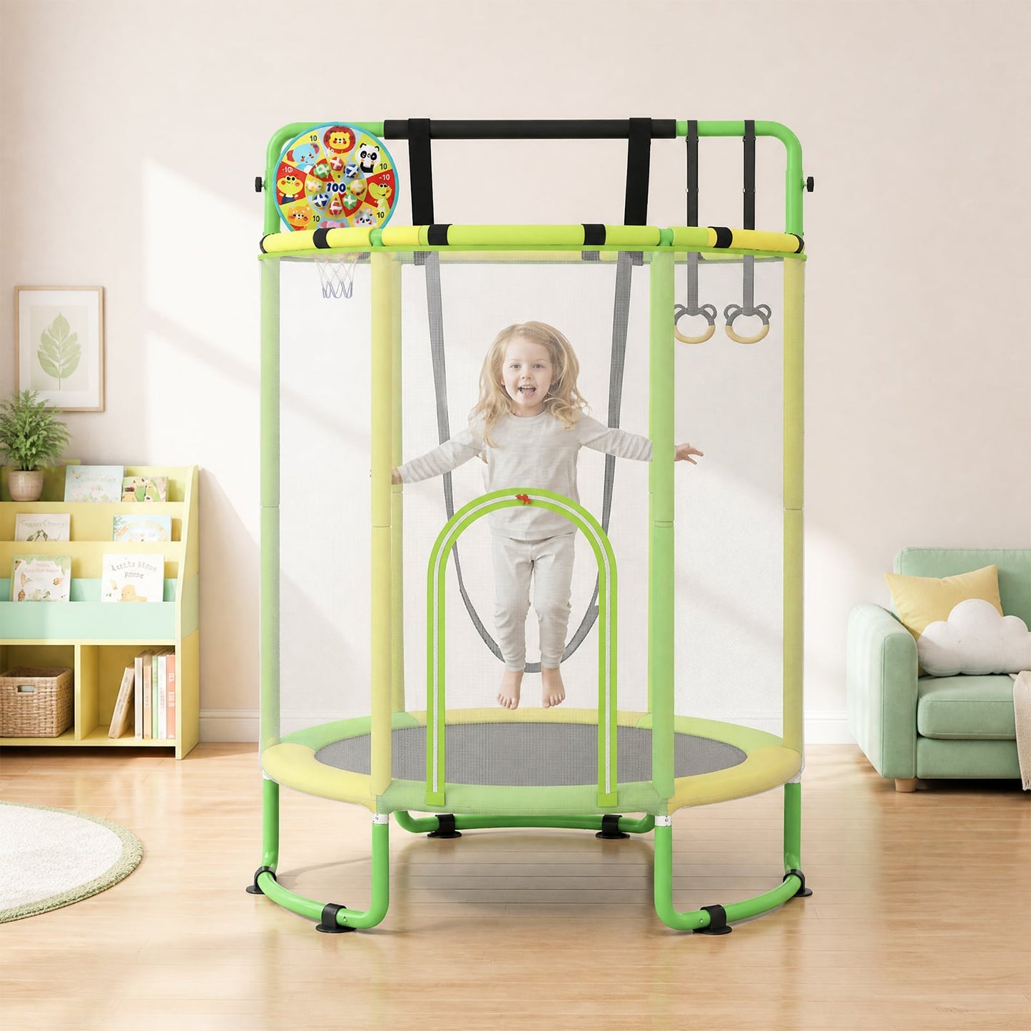 Kids Trampoline with Safety Net for Indoor and Outdoor Use-Yellow and Green