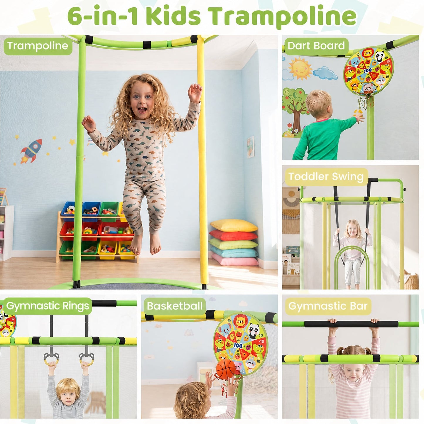 Kids Trampoline with Safety Net for Indoor and Outdoor Use-Yellow and Green