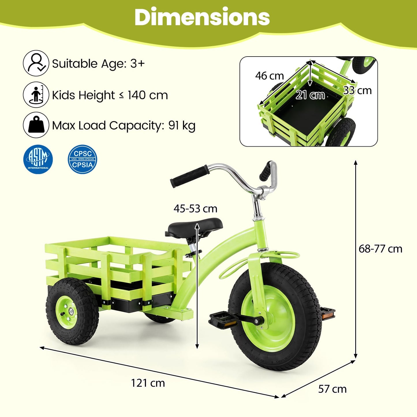 Kids Tricycle with Storage Basket and Inflatable Tires for Boys Girls Ages 3+-Green