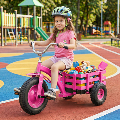 Kids Tricycle with Storage Basket and Inflatable Tires for Boys Girls Ages 3+-Pink