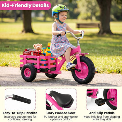 Kids Tricycle with Storage Basket and Inflatable Tires for Boys Girls Ages 3+-Pink