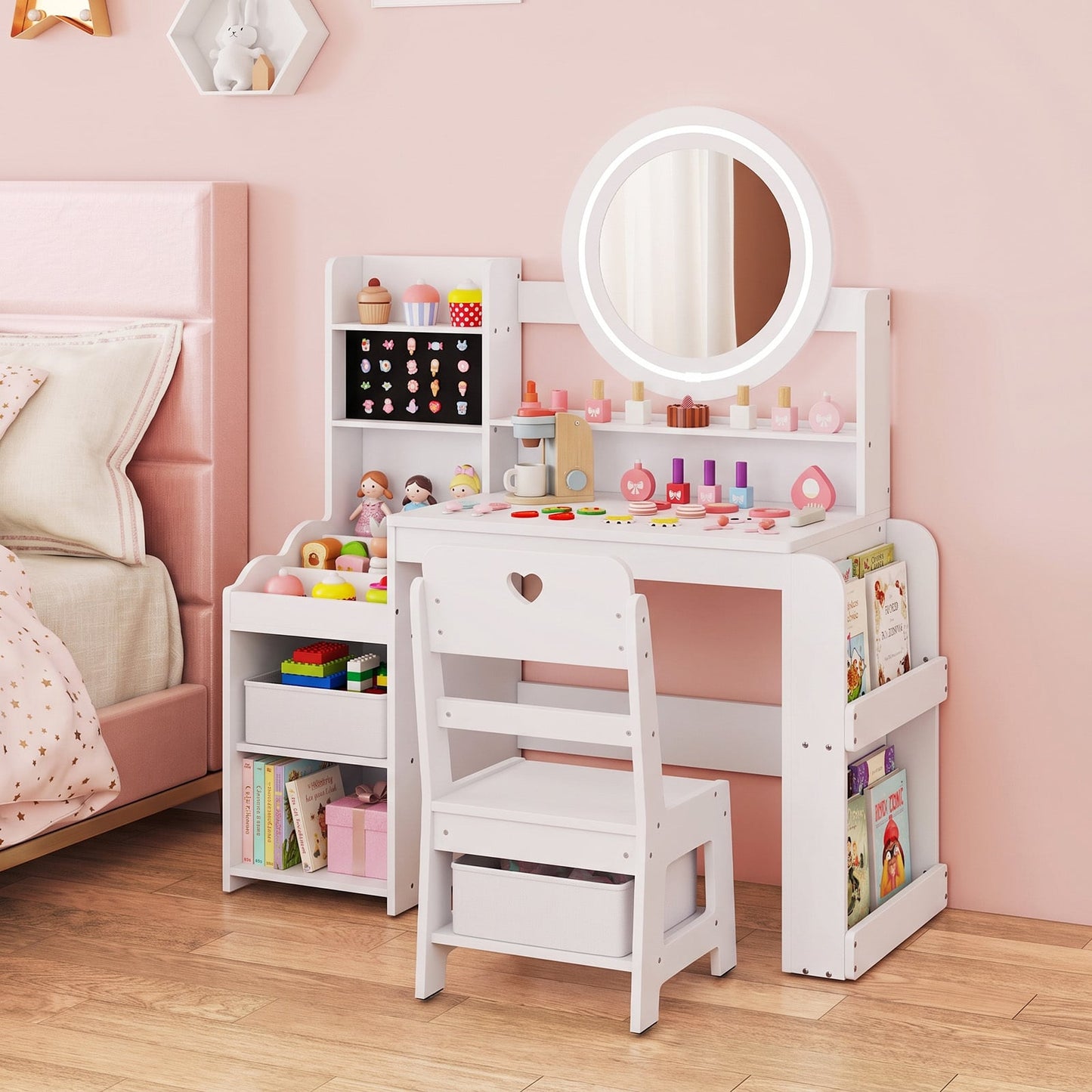 Kids Vanity Desk with Mirror Bookshelf and Lights Princess Pretend Play Dressing Table and Chair Set-White