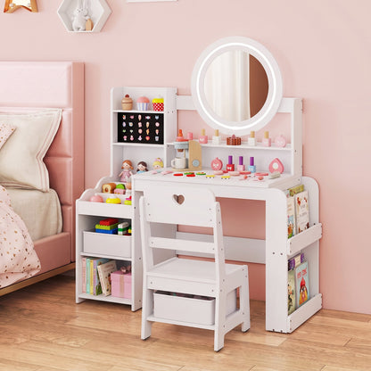 Kids Vanity Desk with Mirror Bookshelf and Lights Princess Pretend Play Dressing Table and Chair Set-White