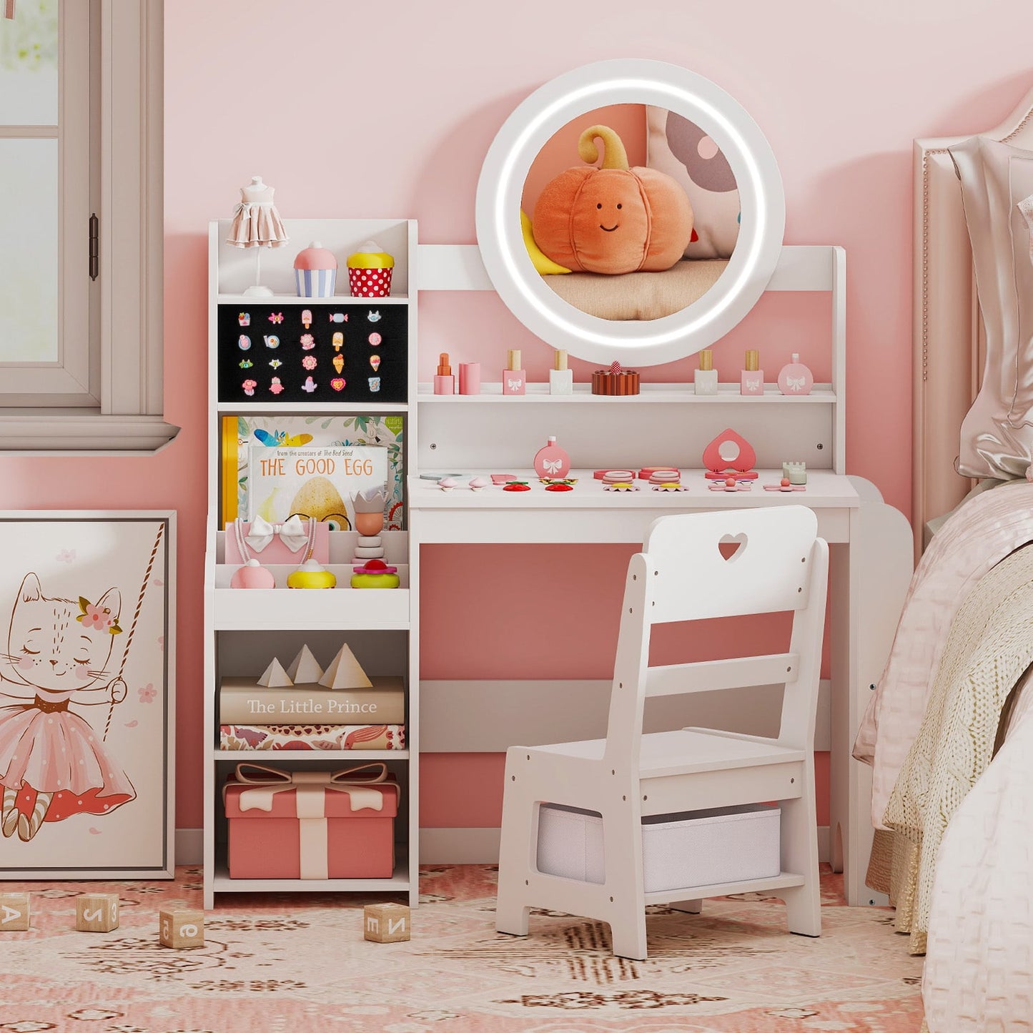 Kids Vanity Desk with Mirror Bookshelf and Lights Princess Pretend Play Dressing Table and Chair Set-White