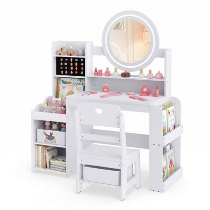 Kids Vanity Desk with Mirror Bookshelf and Lights Princess Pretend Play Dressing Table and Chair Set-White