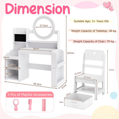 Kids Vanity Desk with Mirror Bookshelf and Lights Princess Pretend Play Dressing Table and Chair Set-White