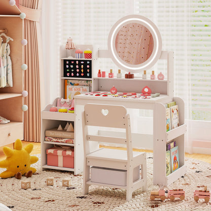 Kids Vanity Desk with Mirror Bookshelf and Lights Princess Pretend Play Dressing Table and Chair Set-White