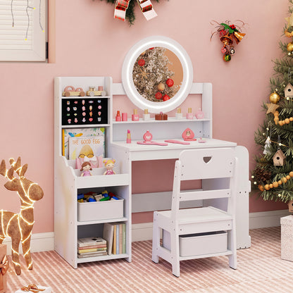Kids Vanity Desk with Mirror Bookshelf and Lights Princess Pretend Play Dressing Table and Chair Set-White