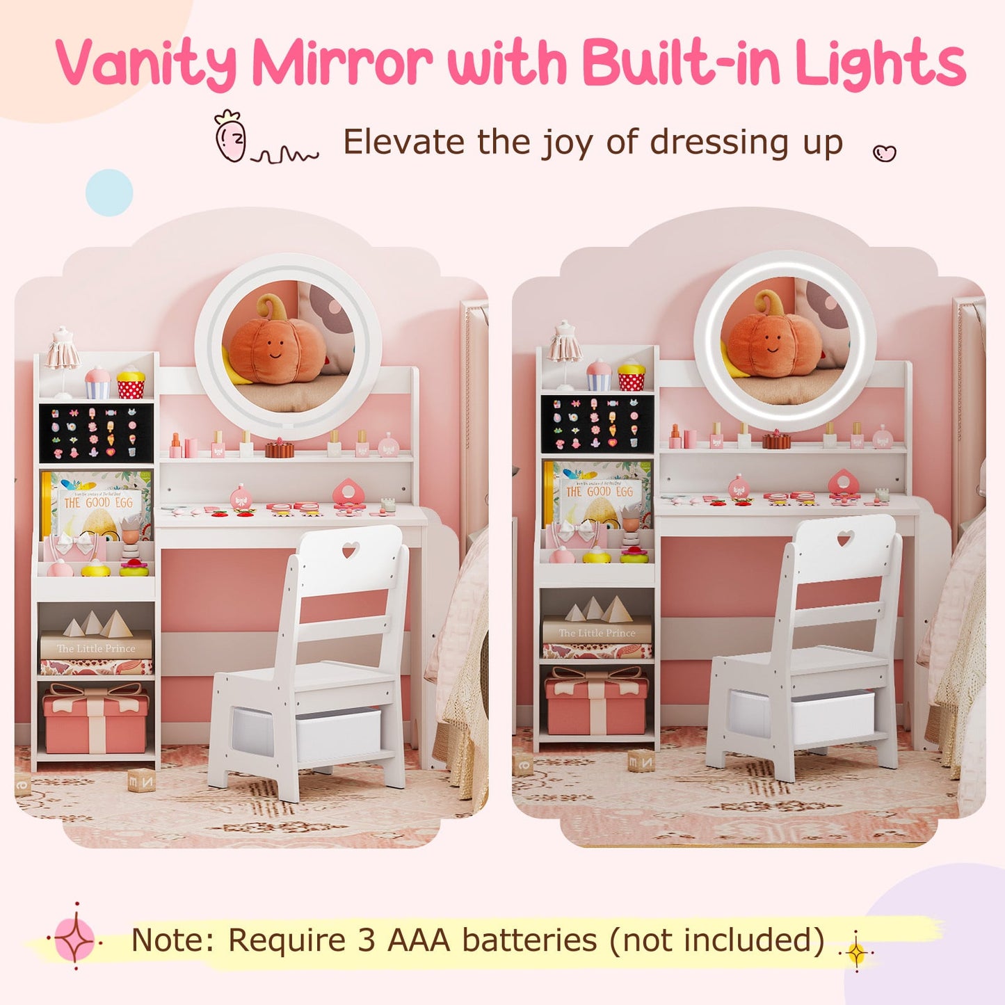Kids Vanity Desk with Mirror Bookshelf and Lights Princess Pretend Play Dressing Table and Chair Set-White