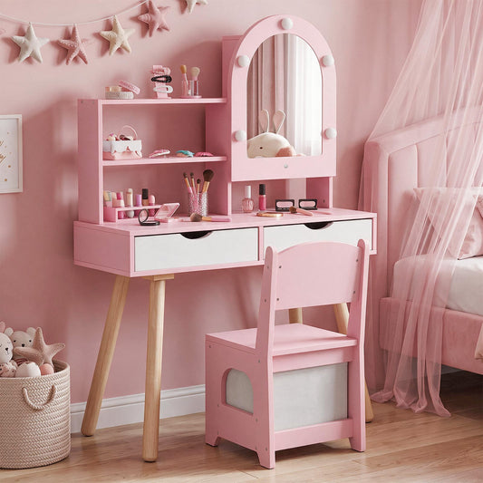 Kids Vanity Pretend Makeup Dressing Desk with Drawers-Pink
