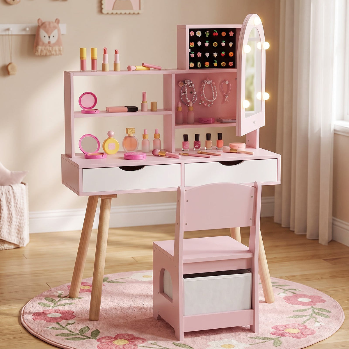 Kids Vanity Pretend Makeup Dressing Desk with Drawers-Pink