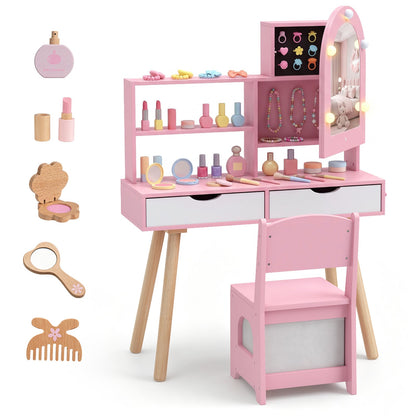 Kids Vanity Pretend Makeup Dressing Desk with Drawers-Pink