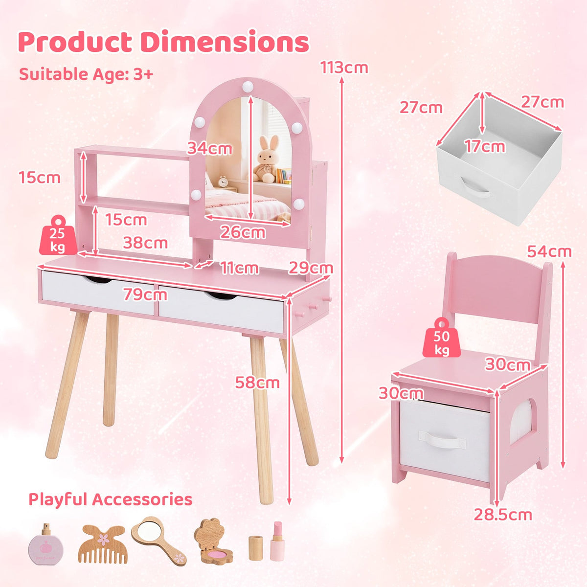 Kids Vanity Pretend Makeup Dressing Desk with Drawers-Pink