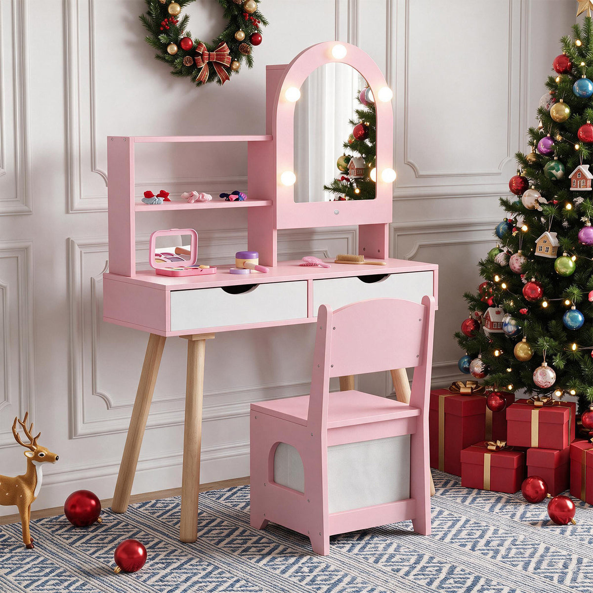 Kids Vanity Pretend Makeup Dressing Desk with Drawers-Pink