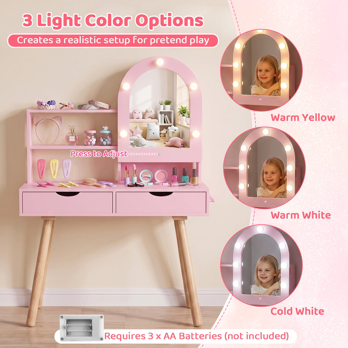 Kids Vanity Pretend Makeup Dressing Desk with Drawers-Pink