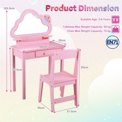 Kids Vanity Set with Lighted Cloud Mirror & Stool and Jewelry Rack for Girls-Pink