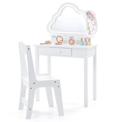 Kids Vanity Set with Lighted Cloud Mirror & Stool and Jewelry Rack for Girls-White